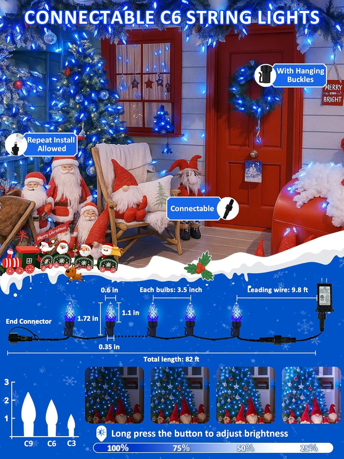 Upgraded 250 LED C6 Connectable Christmas String Light, 82FT Waterproof Christmas Twinkle Lights for Outdoor, Plug in Fairy Twinkle Lights Indoor with 13 Modes & Timer for Christmas Decorations(Blue)